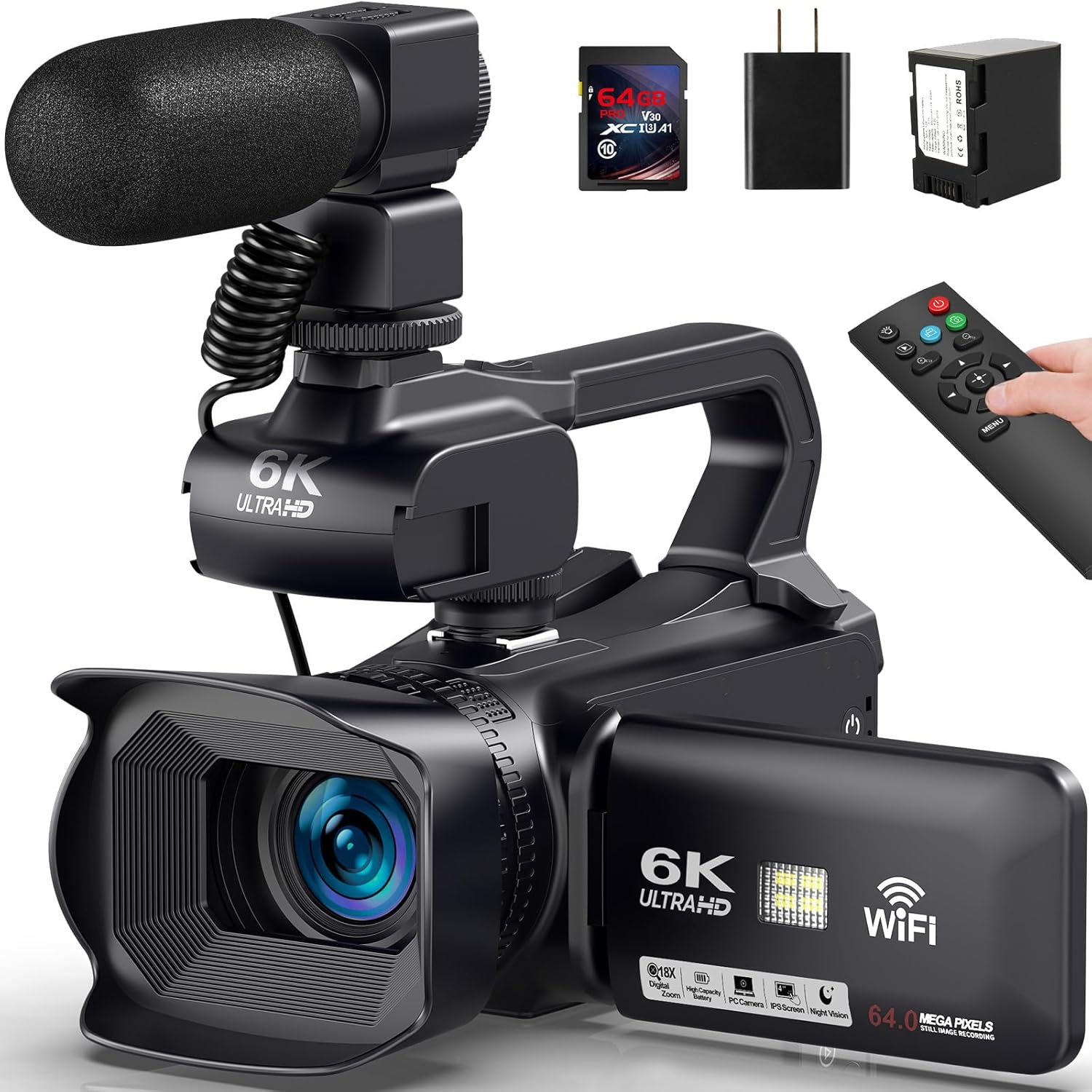 6K 64MP Video Camera Camcorder, 18X Digital Zoom IR Night Vision Vlogging Camera for YouTube, 4.0" Touch Screen Digital Camera with WiFi, Microphone, Remote Controller, Charger, 64G SD Card