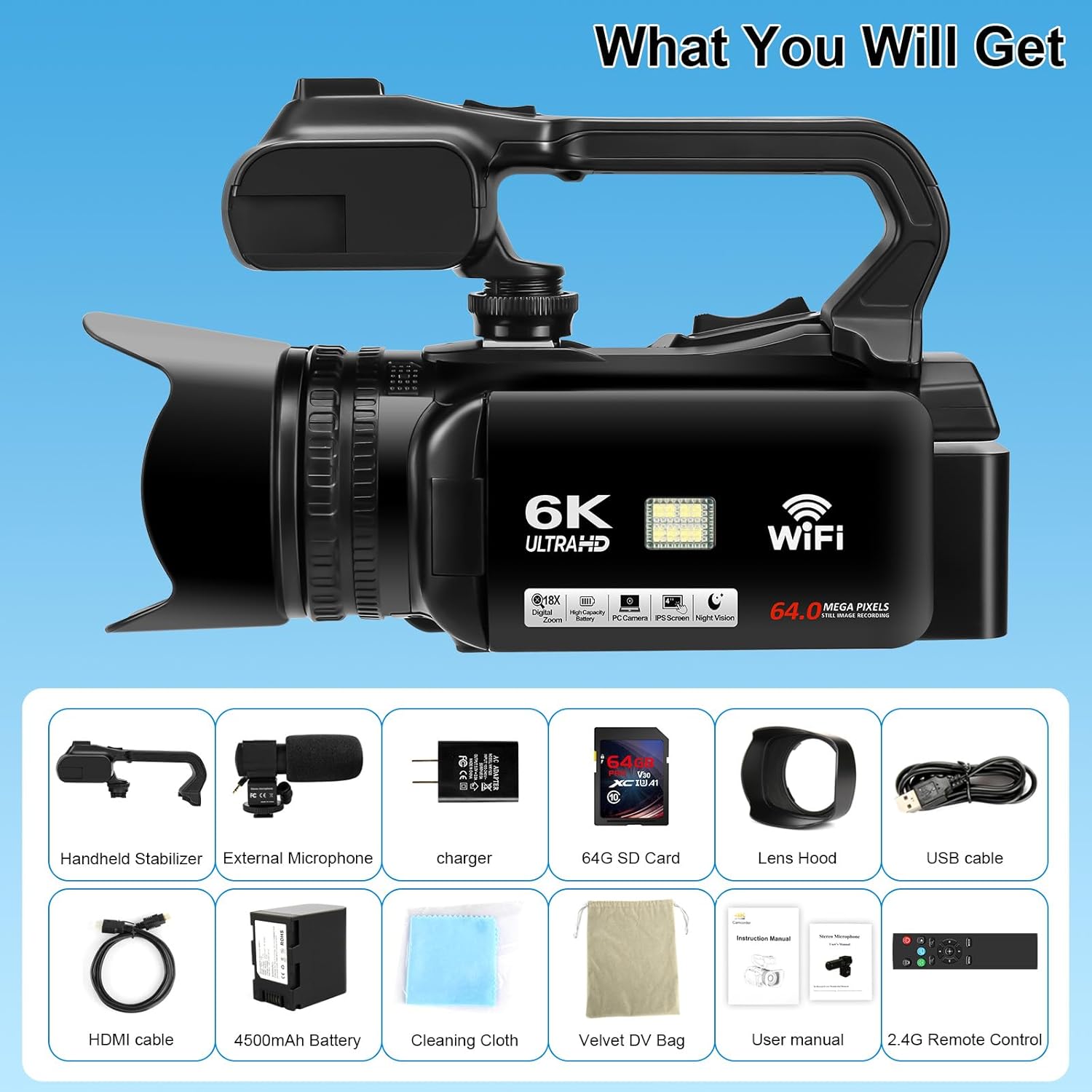 6K 64MP Video Camera Camcorder, 18X Digital Zoom IR Night Vision Vlogging Camera for YouTube, 4.0" Touch Screen Digital Camera with WiFi, Microphone, Remote Controller, Charger, 64G SD Card - Image 7